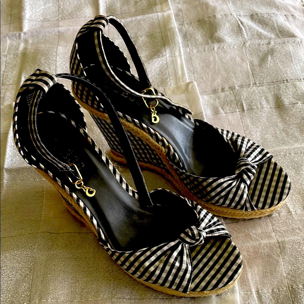 Guess Black and White Wedge Sandals with Bow Detail